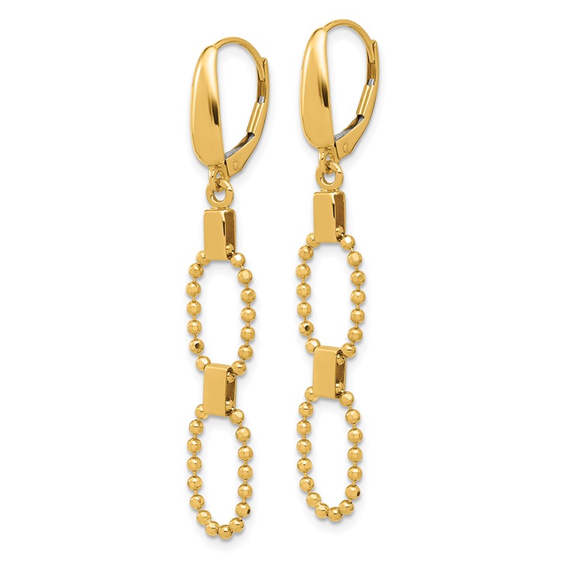 14K Polished/Dia-cut Beaded Link Dangle Leverback Earrings