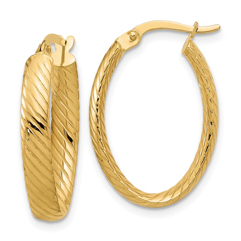 14K Polished and Grooved Oval Hoop Earrings