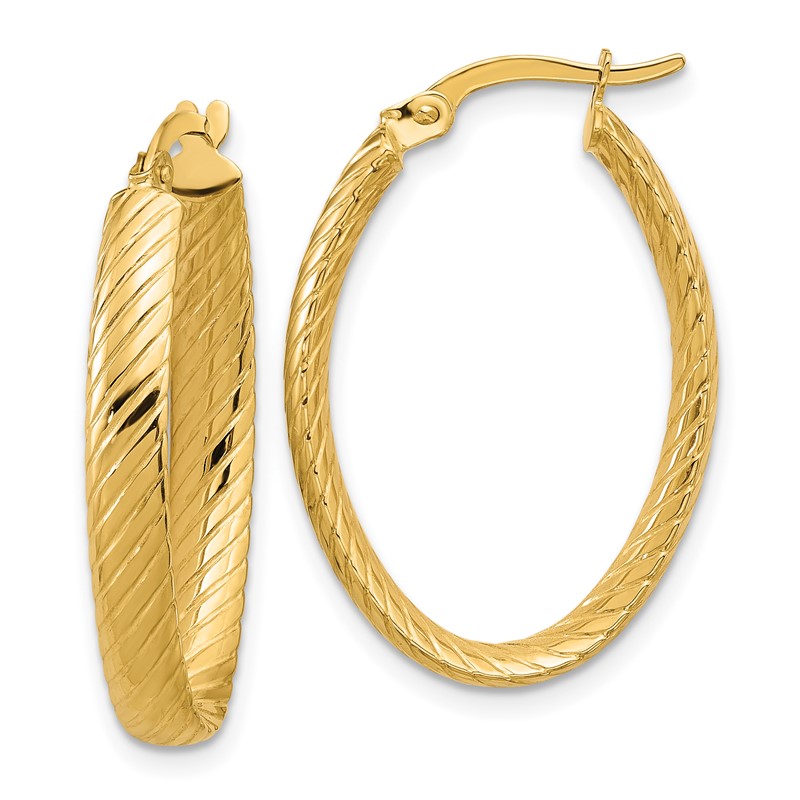 14K Polished and Grooved Oval Hoop Earrings