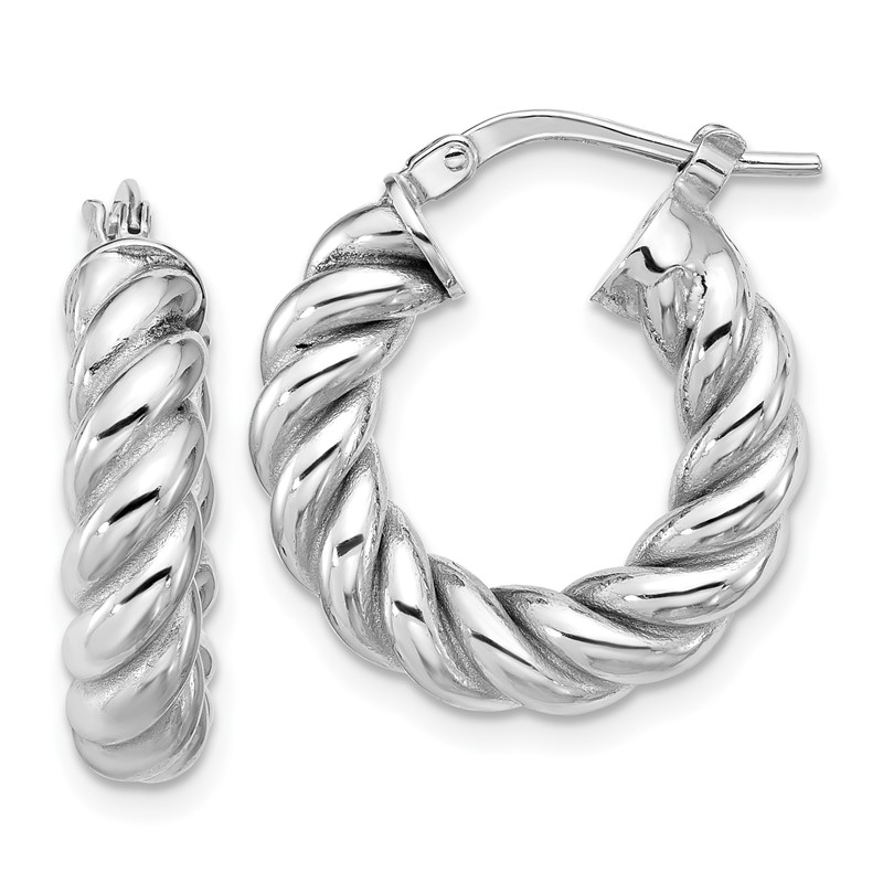 14K w/White RH-plat Polished/Twisted Round Hoop Earrings