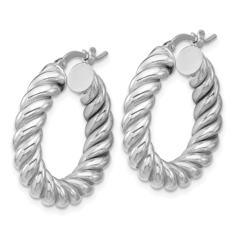 14K w/White RH-plat Polished/Twisted Round Hoop Earrings