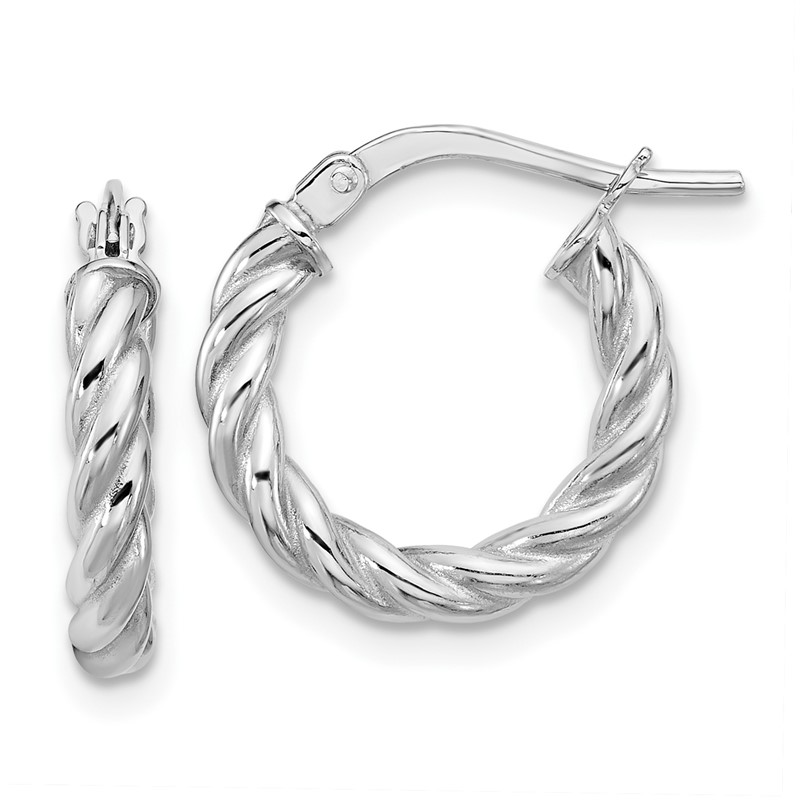 14K w/White RH-plat Polished/Twisted Round Hoop Earrings