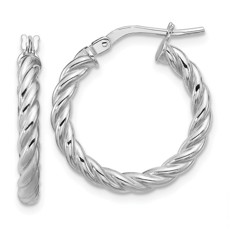 14K w/White RH-plat Polished/Twisted Round Hoop Earrings