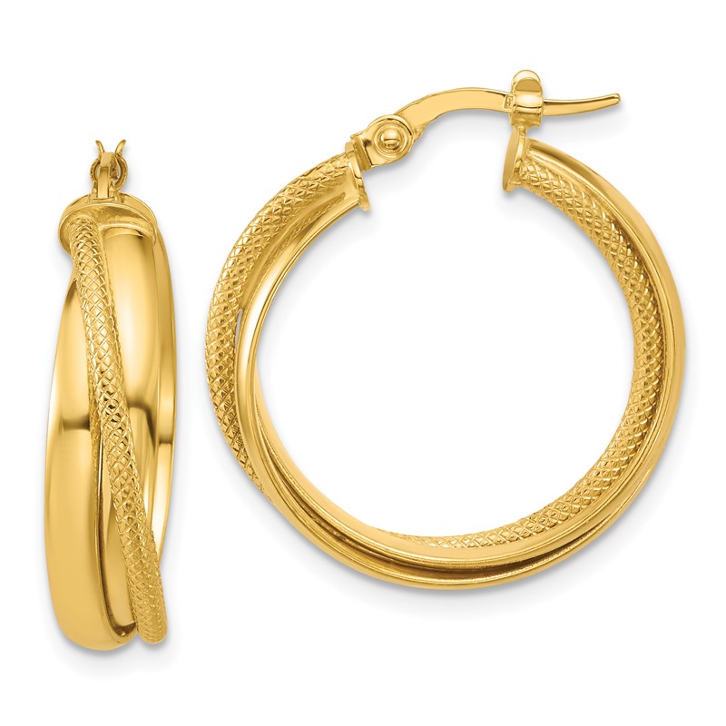14K Polished and Textured Round Hoop Earrings