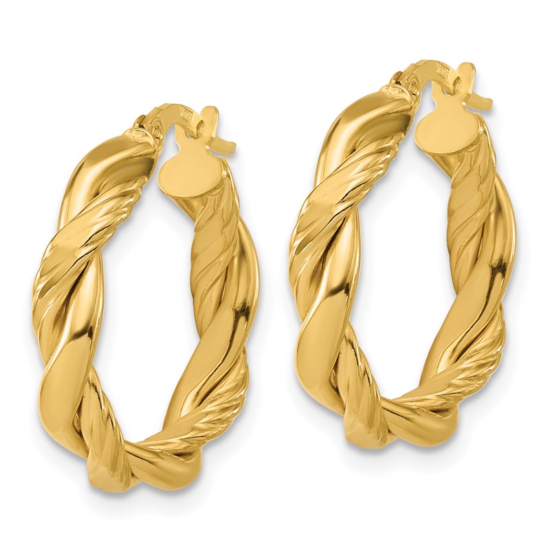 14K Polished and Twisted Round Hoop Earrings