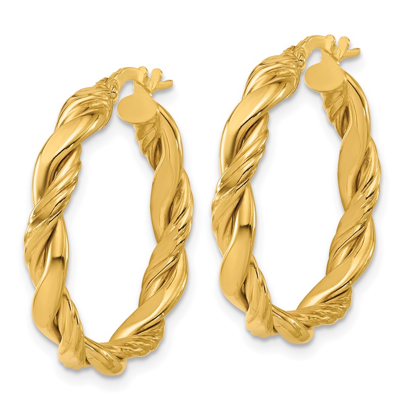 14K Polished and Twisted Round Hoop Earrings