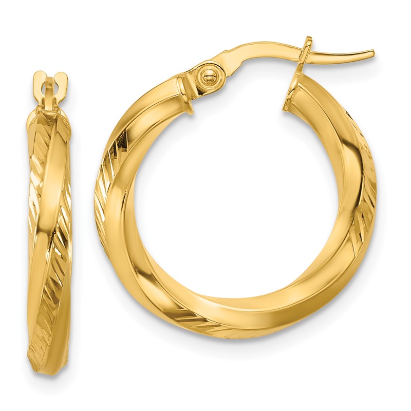 14K Polished and Diamond-cut Round Hoop Earrings