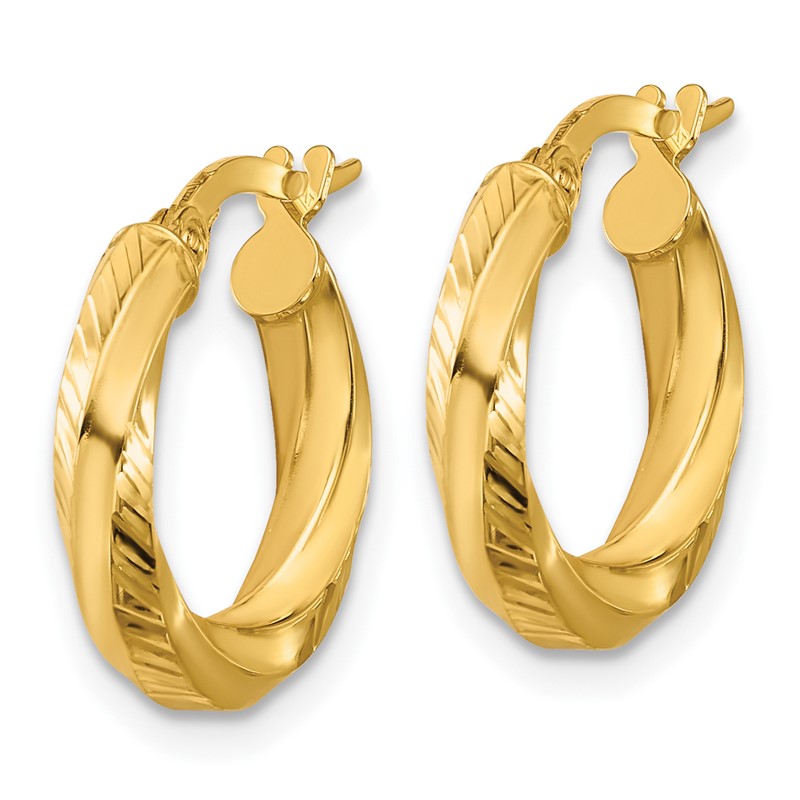 14K Polished and Diamond-cut Round Hoop Earrings