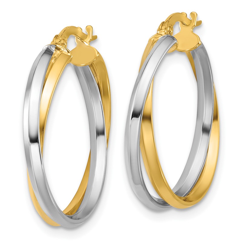 14K with Rhodium Polished Twist Round Hoop Earrings
