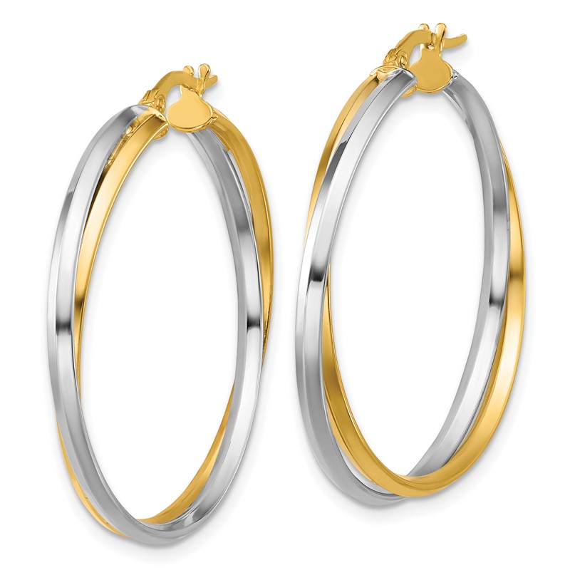 14K with Rhodium Polished Twist Round Hoop Earrings