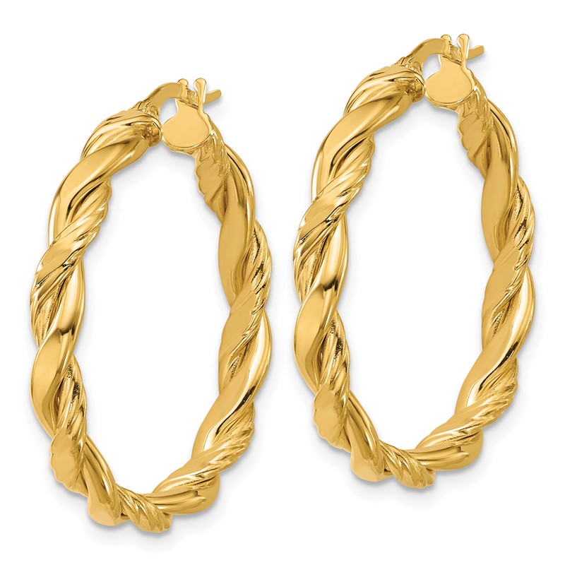 14K Polished and Twisted Round Hoop Earrings