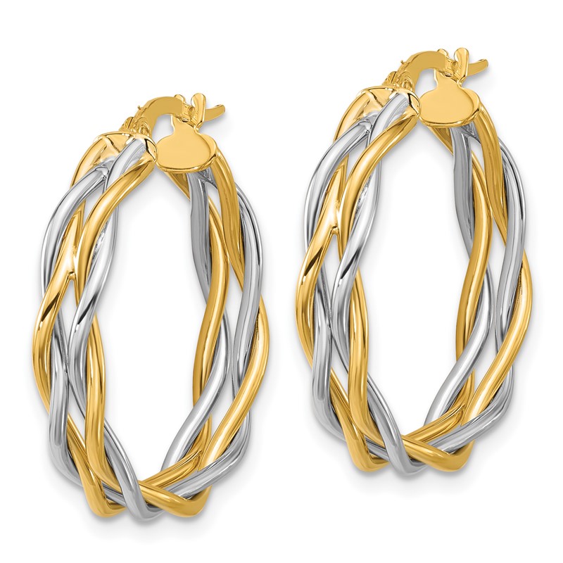 14K with Rhodium Polished Twisted Round Hoop Earrings