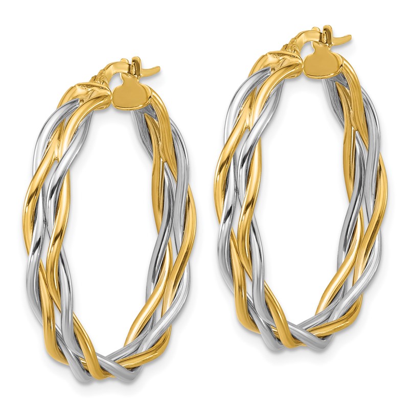 14K with Rhodium Polished Twisted Round Hoop Earrings