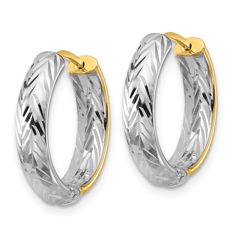 14K w/Rhodium Polished/Dia-cut Hinged Hoop Earrings