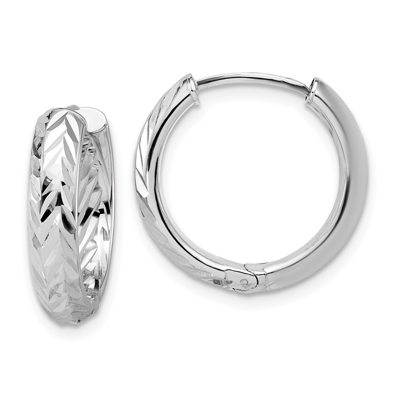 Leslie's' 14K w/White RH-plat Polish/Dia-cut Hinged Hoop Earrings