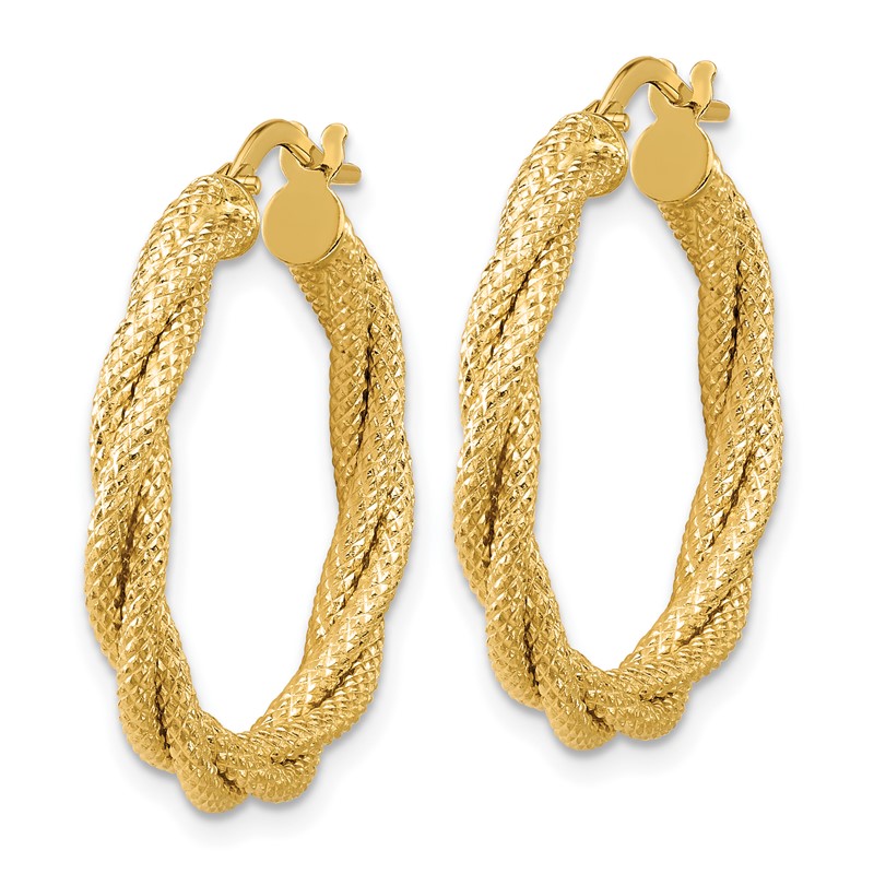14K Polished and Textured Twisted Round Hoop Earrings