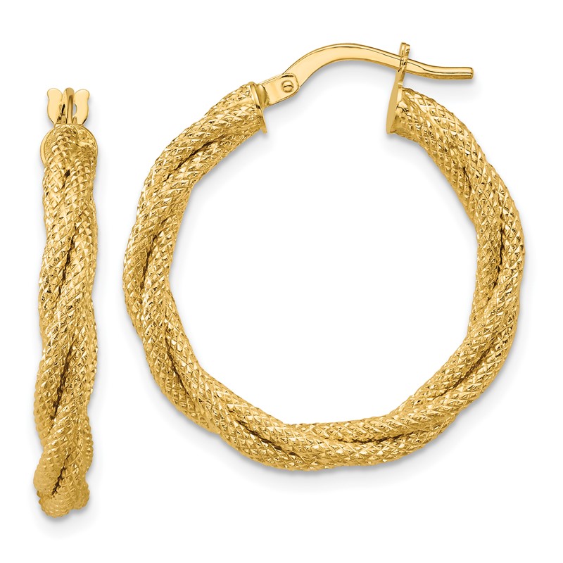 14K Polished and Textured Twisted Round Hoop Earrings