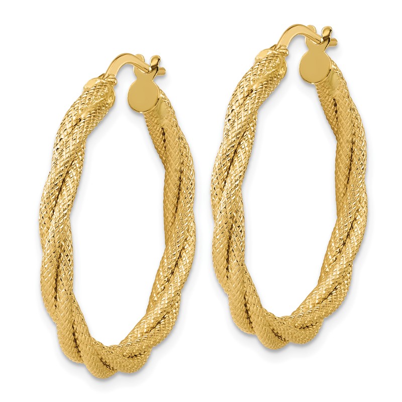 14K Polished and Textured Twisted Round Hoop Earrings