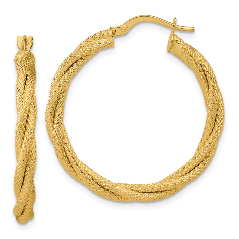 14K Polished and Textured Twisted Round Hoop Earrings