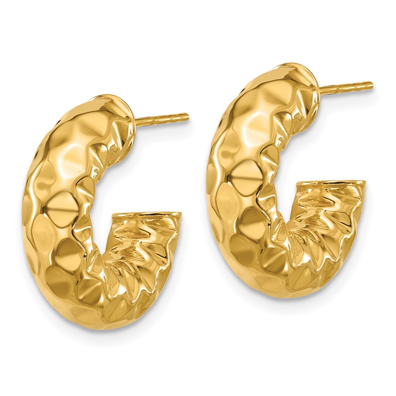 14K Polished and Hammered J-Hoop Post Earrings