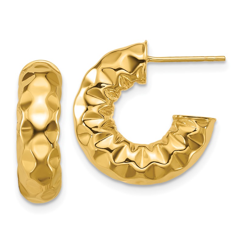 14K Polished and Hammered J-Hoop Post Earrings