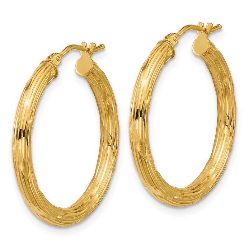 14K Polished and Grooved Round Hoop Earrings