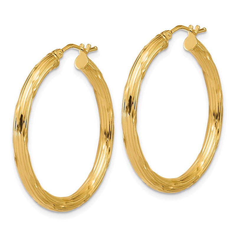 14K Polished and Grooved Round Hoop Earrings