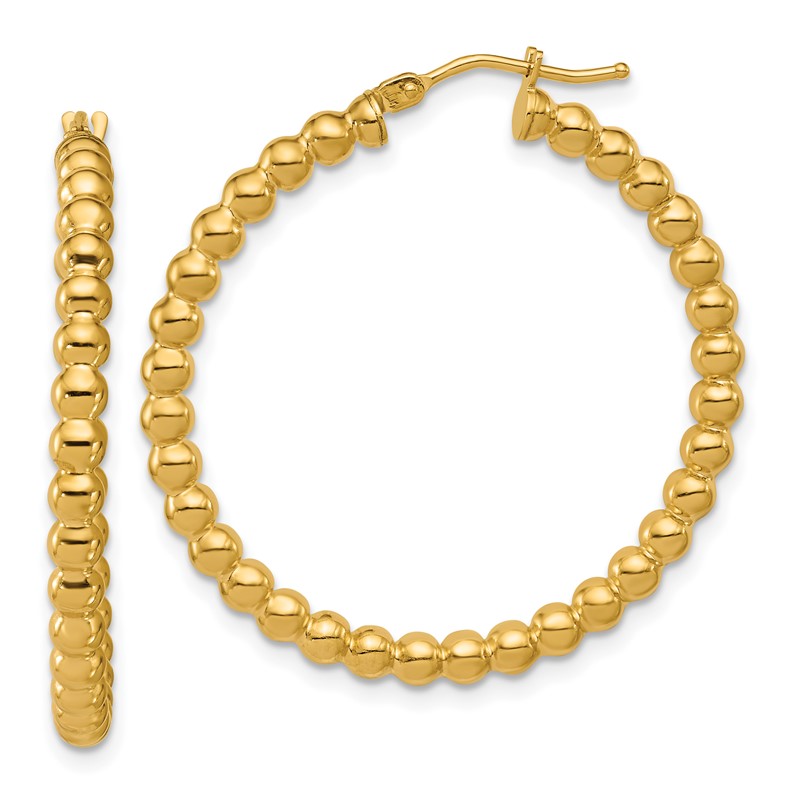 14K Polished Beaded Round Hoop Earrings