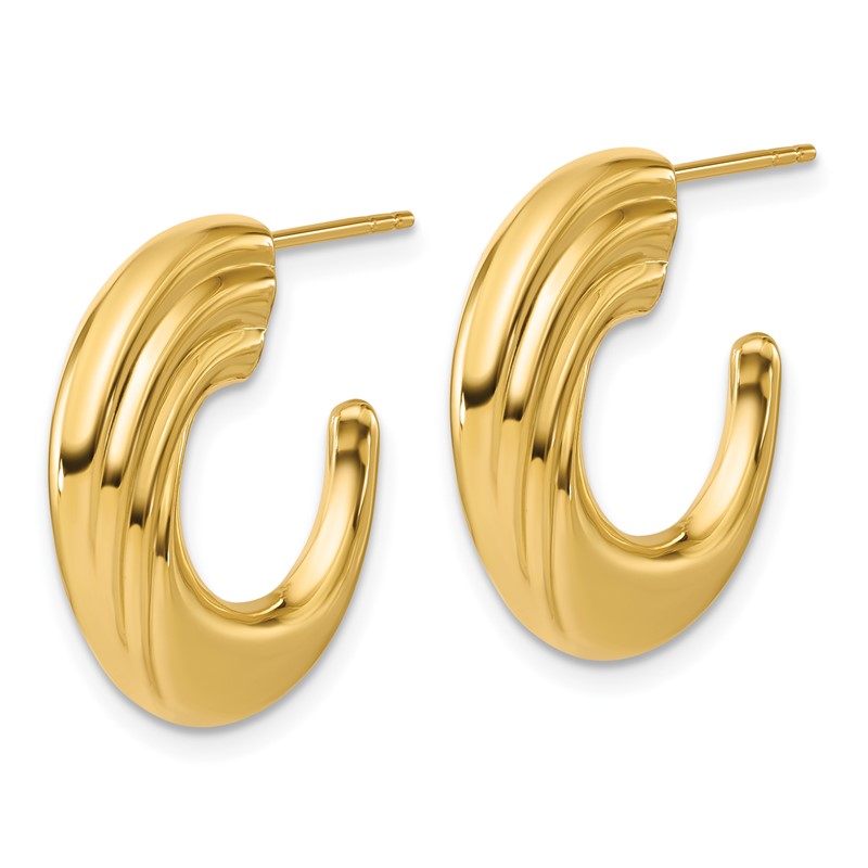 14K Polished and Grooved J-Hoop Post Earrings