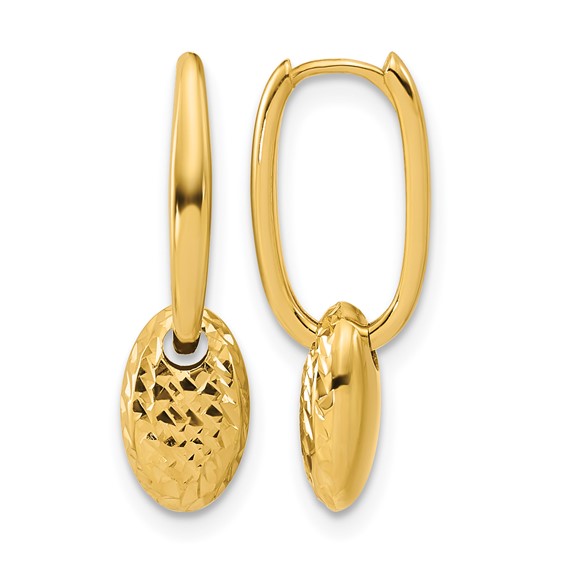 Leslie's 14K Polished / Dia-cut Oval w/Bead Hinged Hoop Earrings