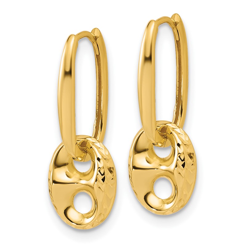 14K Polished/Dia-cut Mariner Bead Hinged Hoop Earrings