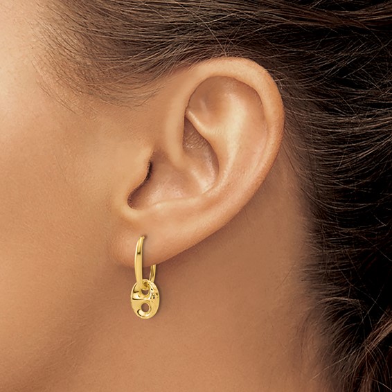 Leslie's 14K Polished/Dia-cut Mariner Bead Hinged Hoop Earrings