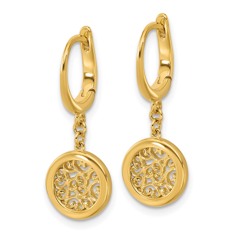 14K Polished Fancy Filigree Circle Leverback Dangle Earrings