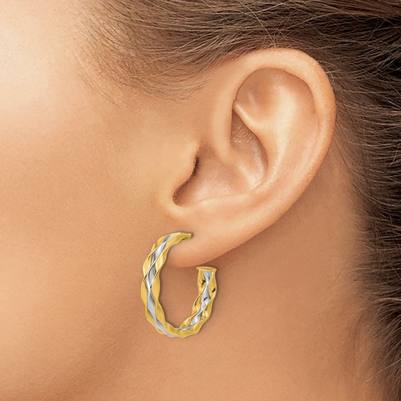Leslie's 14K w/Rhodium Polished Wave J-Hoop Post Earrings