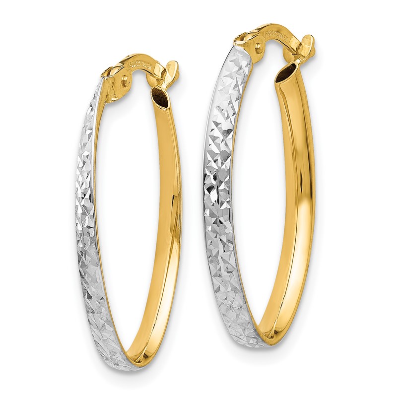 14K w/White Rhodium D/C Oval Hoop Earrings