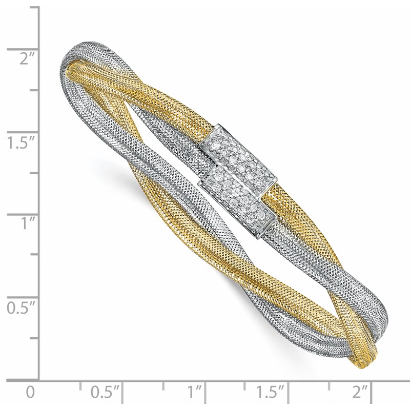 14K with White Rhodium CZ Polished Mesh Stretch Bracelet