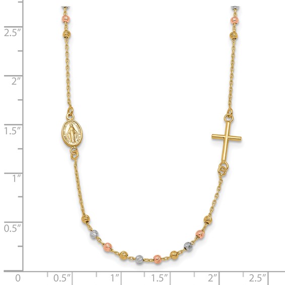 Leslie's 14K Tri-color Sideways Cross Beaded Rosary Style 18 inch Necklace