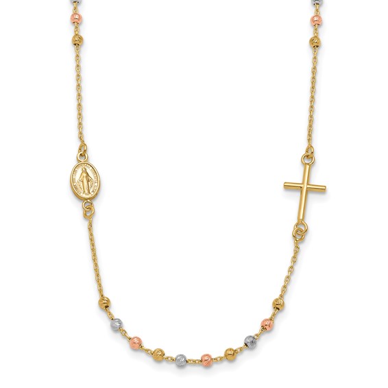 Leslie's 14K Tri-color Sideways Cross Beaded Rosary Style 18 inch Necklace