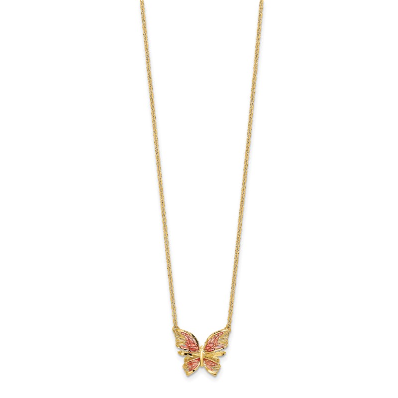 14K Polished D/C w/ Pink Enamel Butterfly Necklace