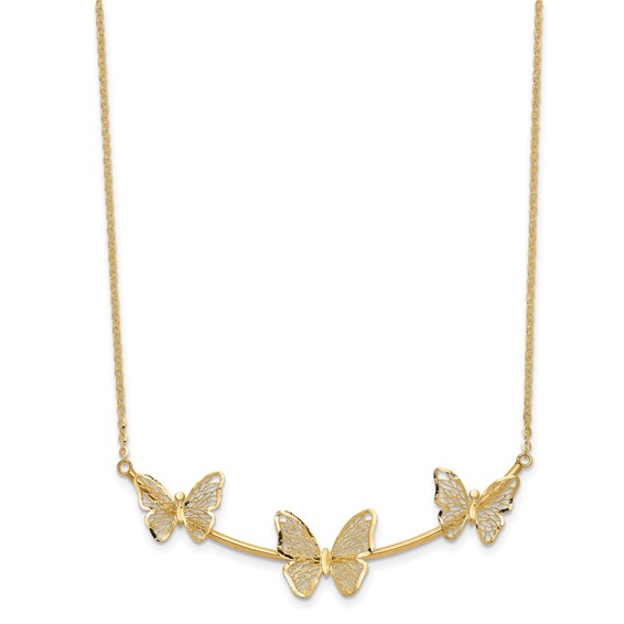 Leslie's 14K Polished Filigree 3-Butterfly Bar Necklace