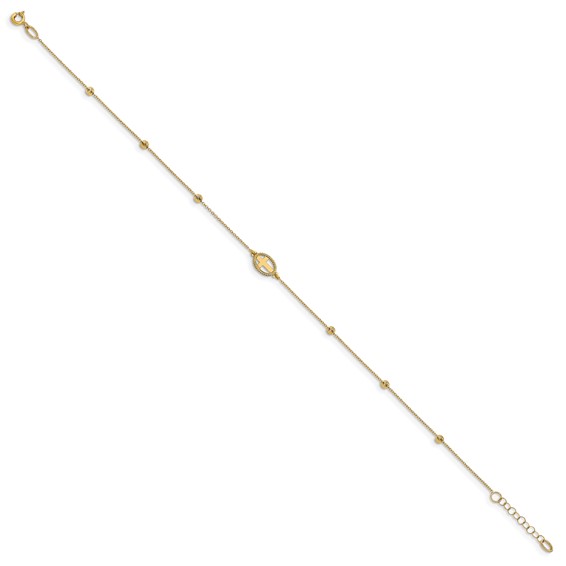 Leslie's 14K Oval Cross and Diamond-cut Beads 9.5 inch Plus 1 inch Extender - Total 10.5 inch Anklet