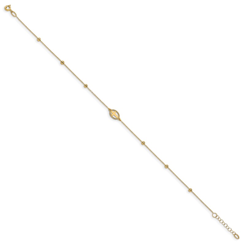 14K Polished D/C Beaded Cross w/1in ext. Anklet