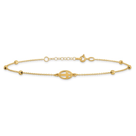 Leslie's 14K Oval Cross and Diamond-cut Beads 9.5 inch Plus 1 inch Extender - Total 10.5 inch Anklet
