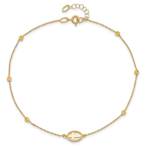 Leslie's 14K Oval Cross and Diamond-cut Beads 9.5 inch Plus 1 inch Extender - Total 10.5 inch Anklet