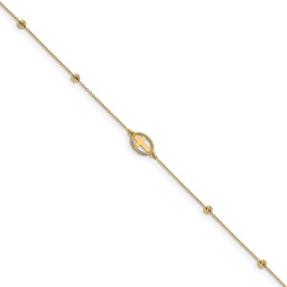 Leslie's 14K Oval Cross and Diamond-cut Beads 9.5 inch Plus 1 inch Extender - Total 10.5 inch Anklet
