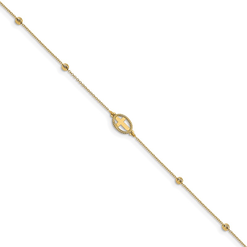 14K Polished D/C Beaded Cross w/1in ext. Anklet