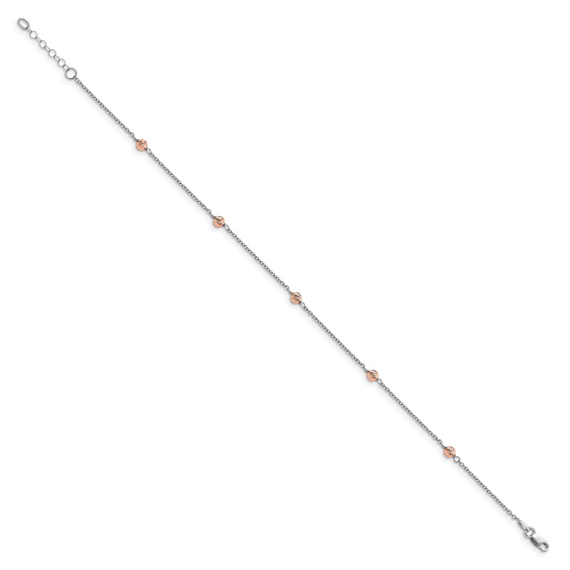 14K White and Rose Gold Polished D/C Beaded w/1in ext. Anklet