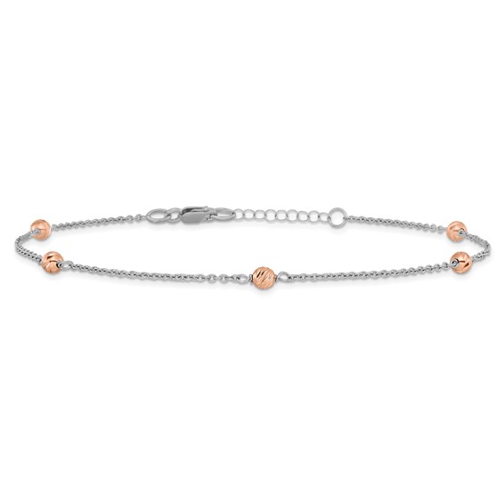 Leslie's 14K White and Rose Gold Polished D/C Beaded w/1in ext. Anklet