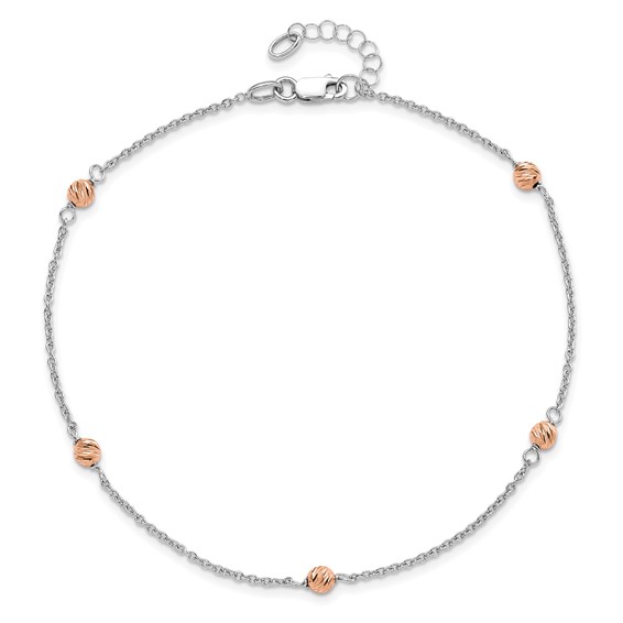 Leslie's 14K White and Rose Gold Polished D/C Beaded w/1in ext. Anklet