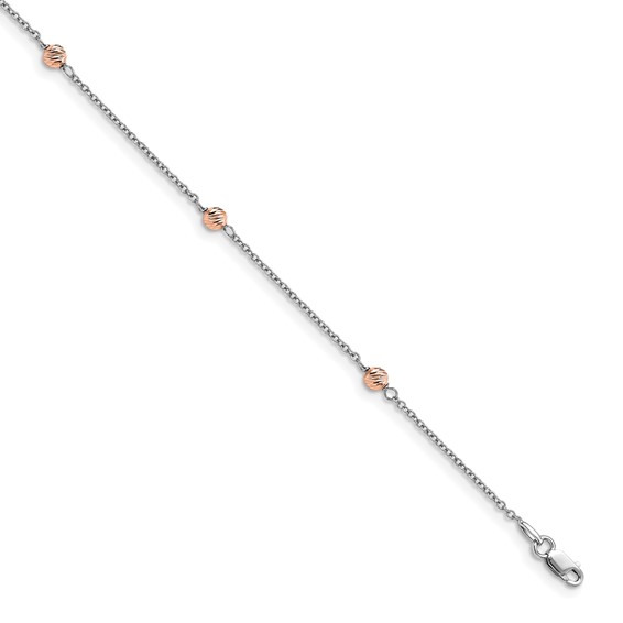 Leslie's 14K White and Rose Gold Polished D/C Beaded w/1in ext. Anklet